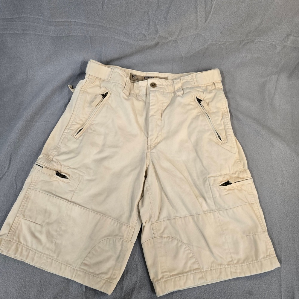Express EXP Mens Beige Cotton Zip Pocket Cargo Shorts Khaki 31W